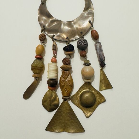 Boho Tribal Statement Necklace Wood Beads Brass Metal Dangles Mixed Media Artsy - Picture 2 of 9